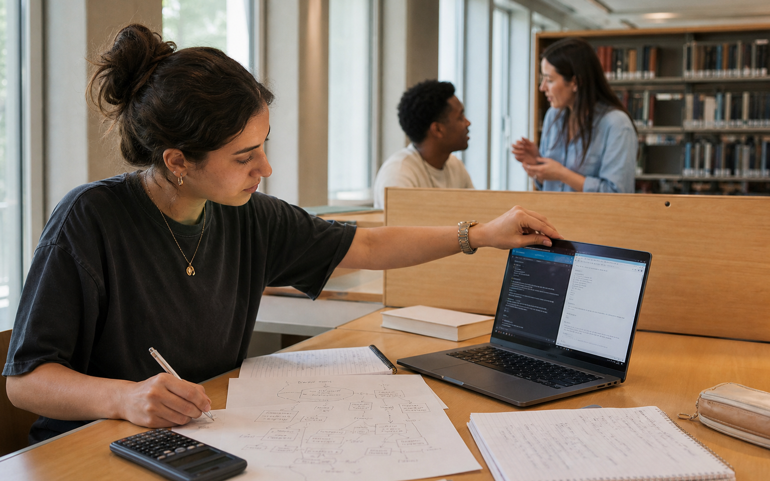 Diverse university students plan an AI-assisted assignment while a lecturer helps them compare self-reported AI literacy, self-efficacy and independent study strategies