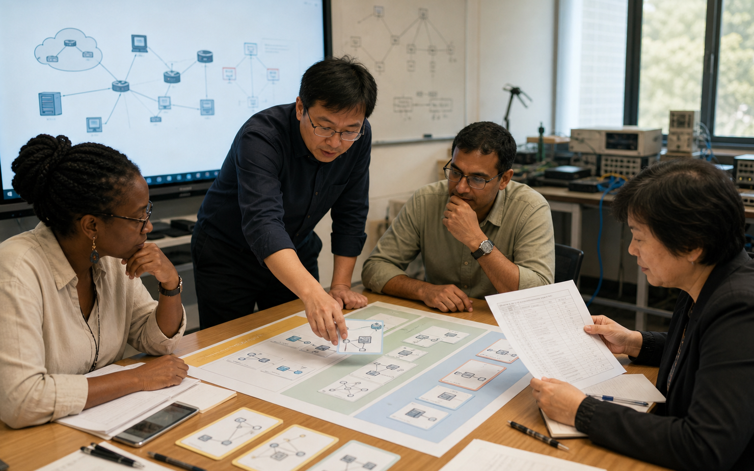 A diverse teacher team reviews a staged AI-assisted computer-networking lesson plan with learning objectives, instructional units and classroom activities