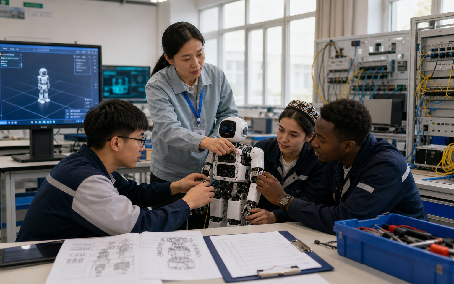 A diverse vocational education team plans robotics, embodied-intelligence and digital-twin courses around credible technical diagrams and training equipment