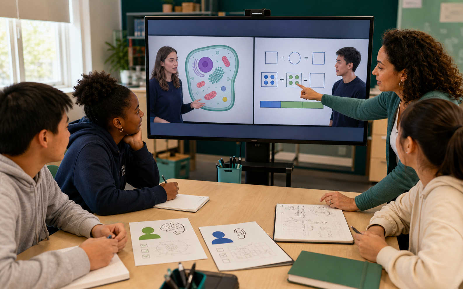 A diverse secondary-school learning team compares two AI-generated STEM lesson videos against learner personas, visual scaffolds and teacher review notes