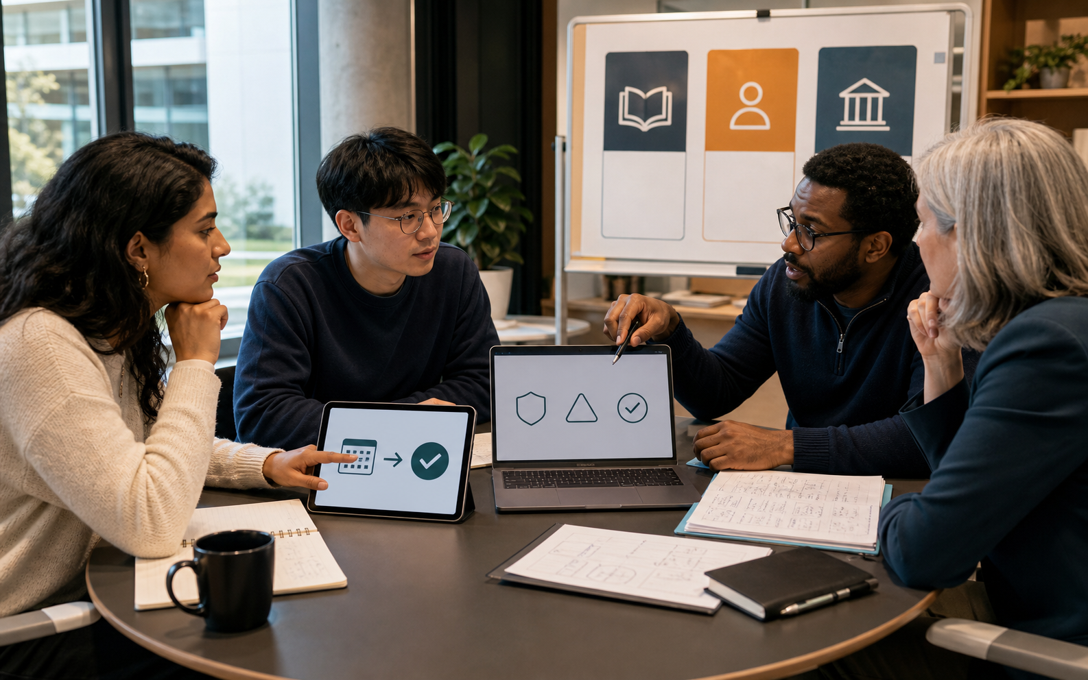 A diverse university team reviews an AI action confirmation, a plugin security check and purpose-bounded learning materials in a bright campus technology studio