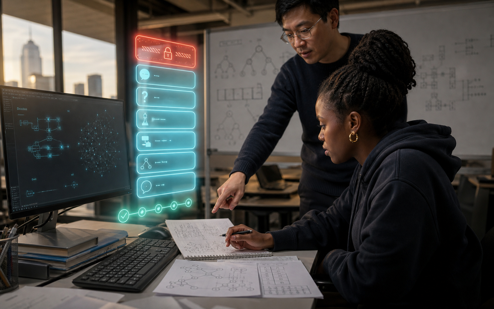 A Black university student debugs from her own notes while an instructor supports her beside a graduated cyan help ladder whose final solution rung is locked