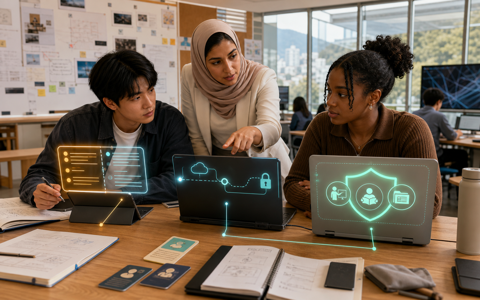 A university instructor and two students compare quiz, cloud-session and managed-learning safeguards across three laptops in a bright classroom