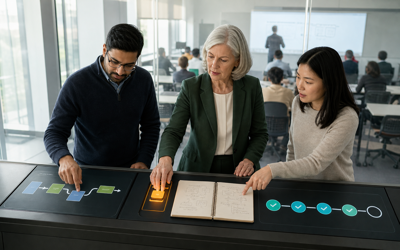 Three university staff inspect a branching tool sequence, a paused amber approval gate, notebook evidence and a course progress path from a classroom observation booth