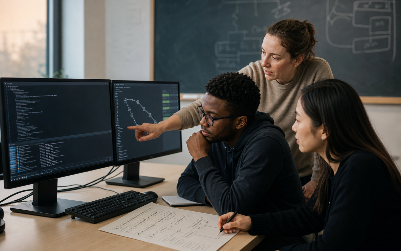 A computing instructor and two diverse students diagnose a frozen terminal view, a Git path diagram, and a test report in a bright lab