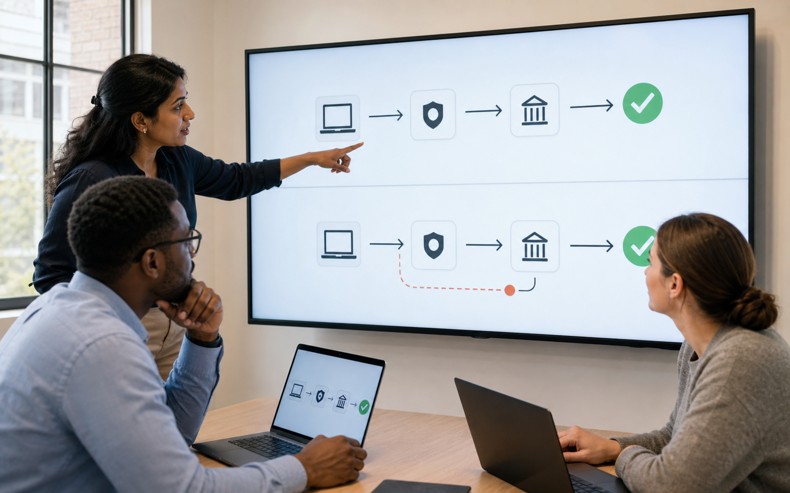 A university technology administrator and two educators inspect an authorization flow between an AI assistant and approved campus services