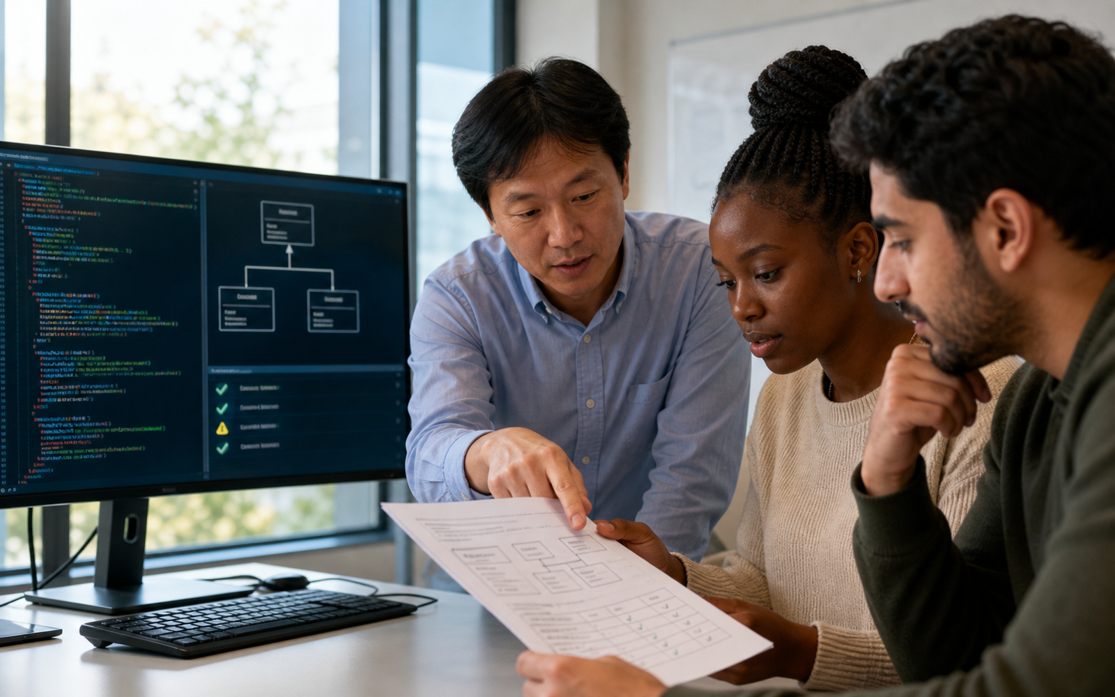 A programming lecturer and two diverse university students inspect compiled code, an inheritance diagram, and a grading rubric in a computer laboratory
