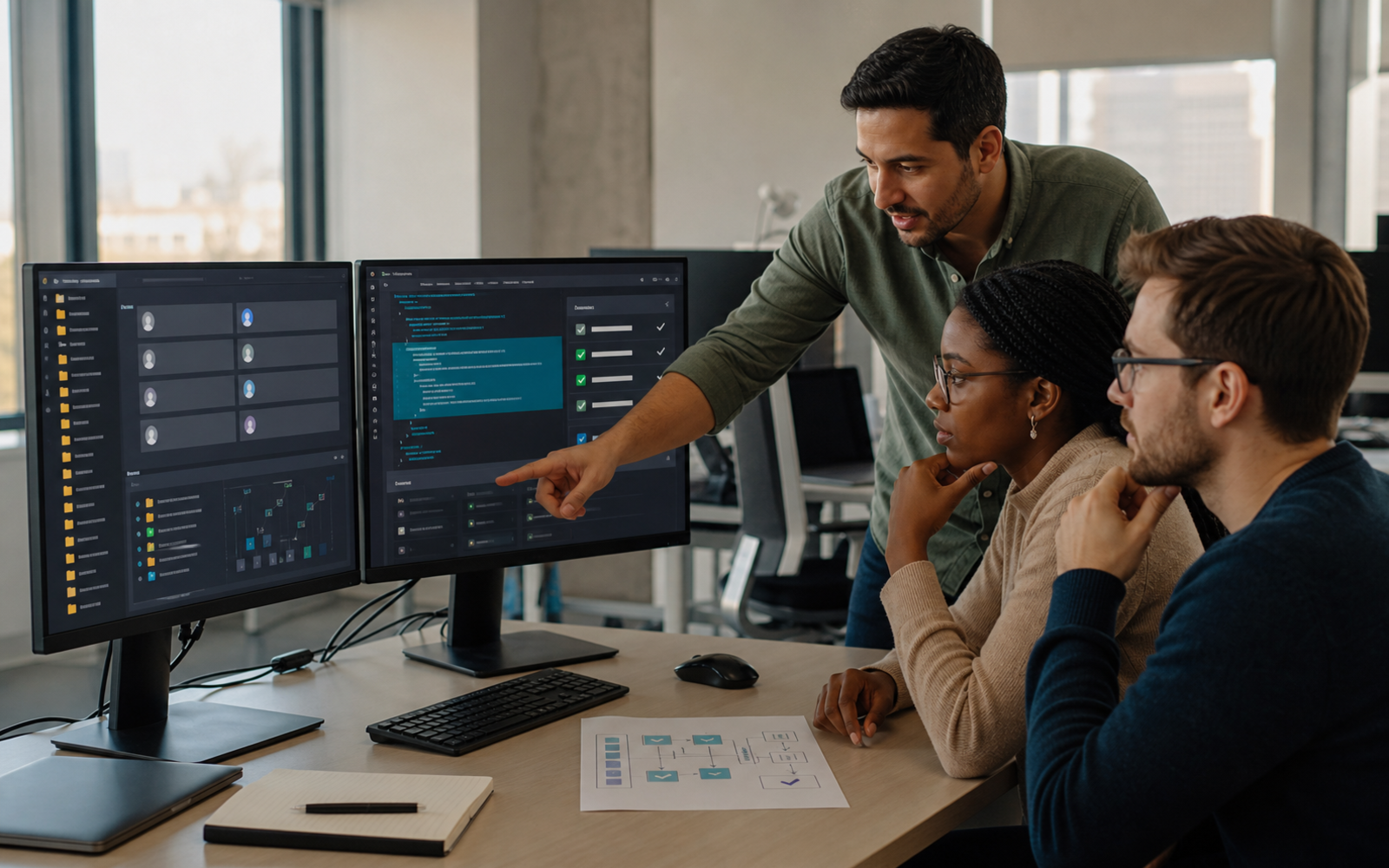 A mixed-gender student software team reviews a project transcript folder, text selection controls, and an approval checklist on separate screens