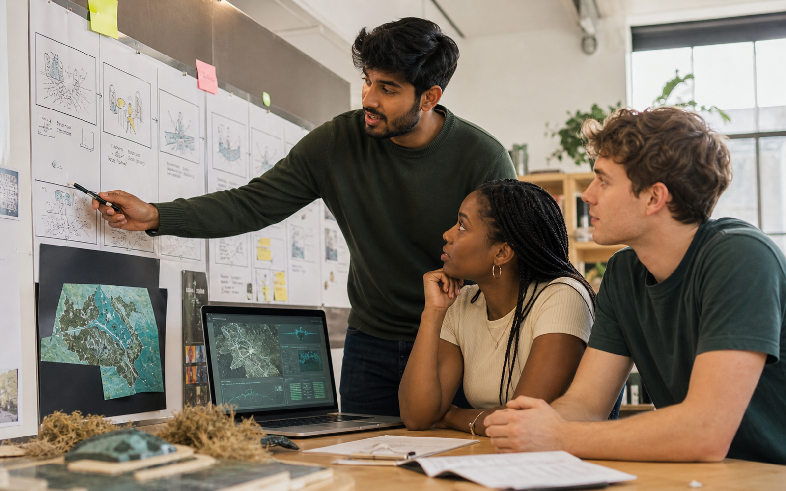 A trained undergraduate tutor supports two learners from different disciplines as they frame an AI project and verify a working prototype in a university studio
