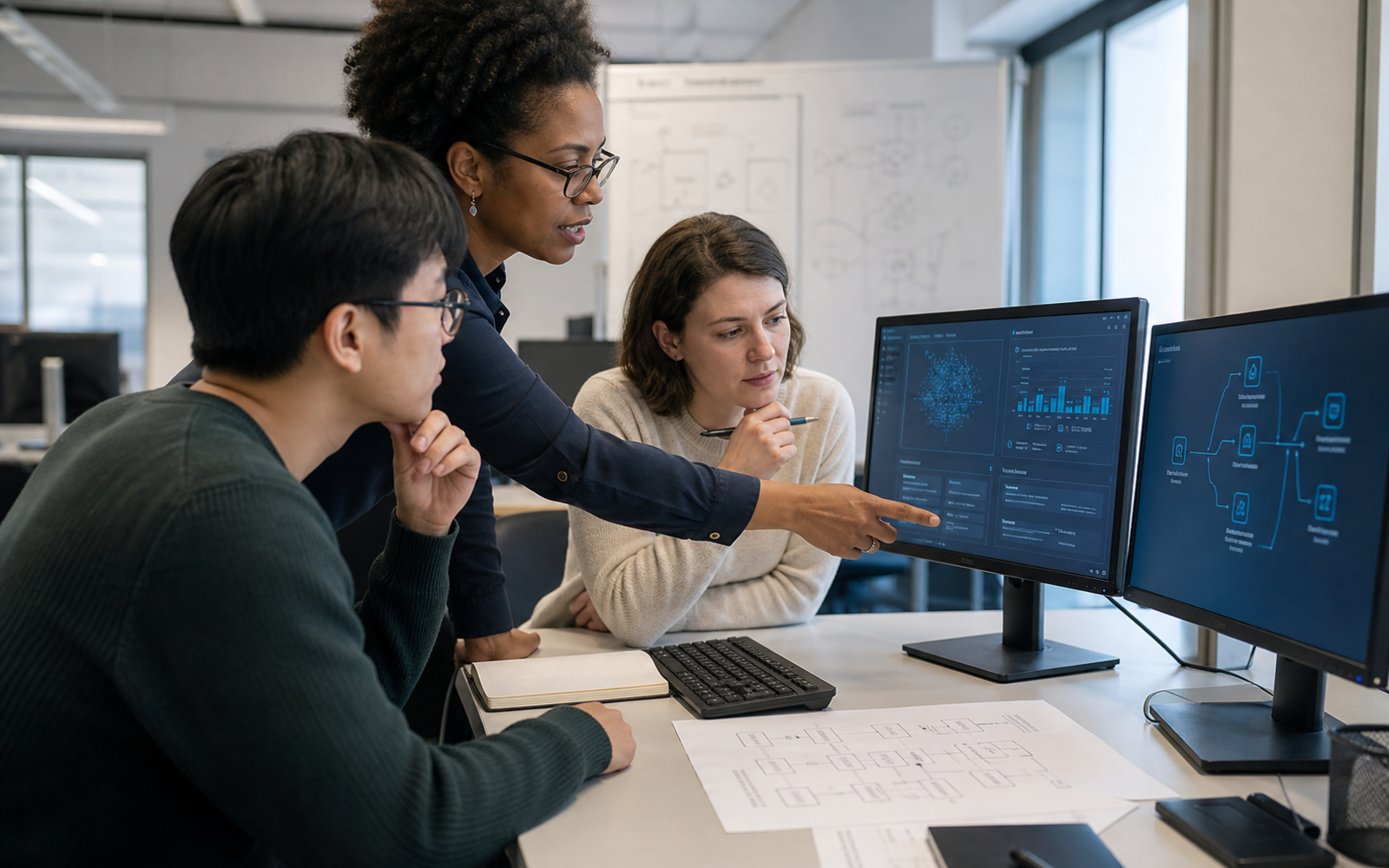 A diverse university project team reviews a compact result panel, a gateway diagram, and a verification checklist in a bright computing studio