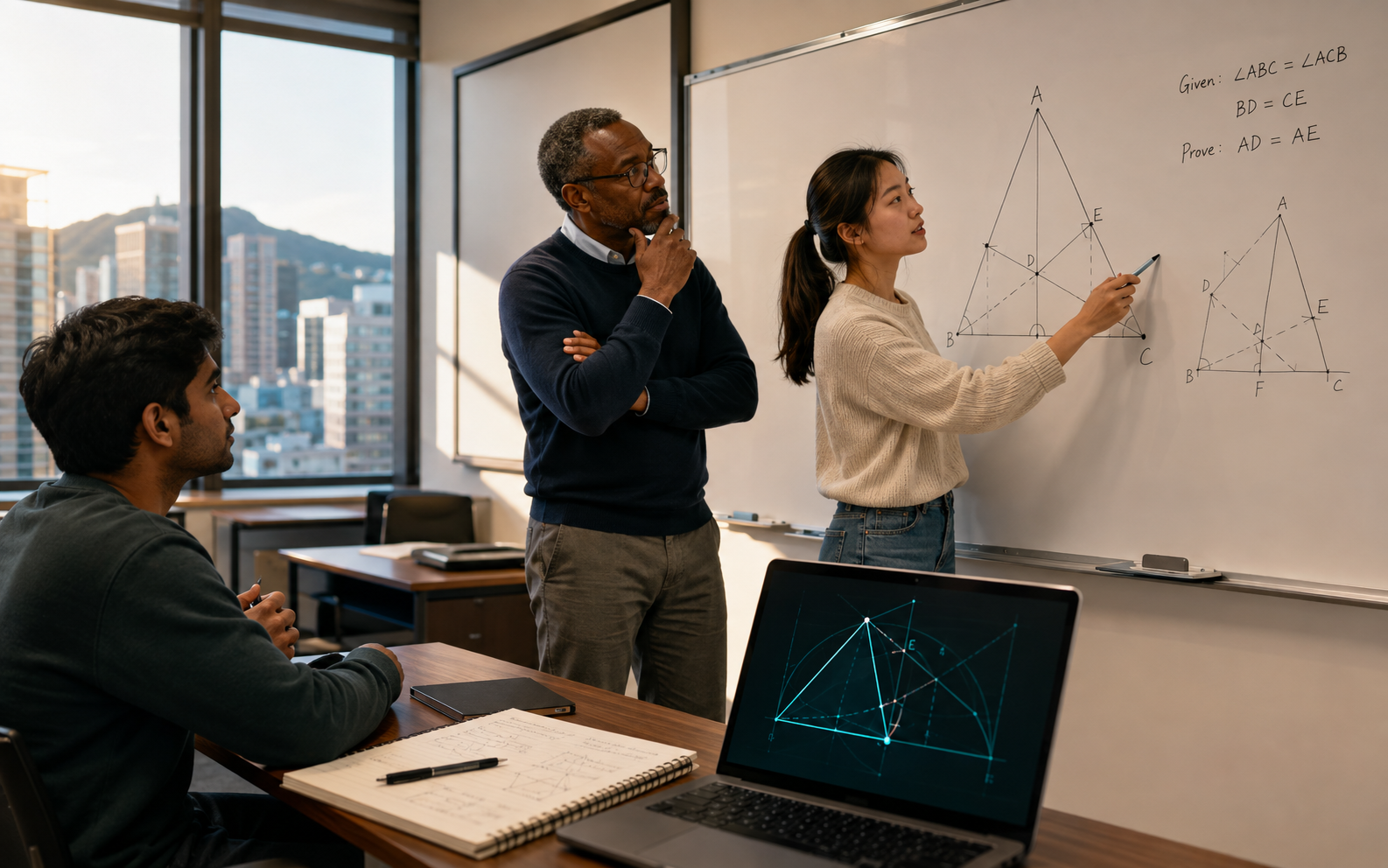 A university student explains a geometry construction to a lecturer while a classmate follows and a laptop displays a related digital diagram