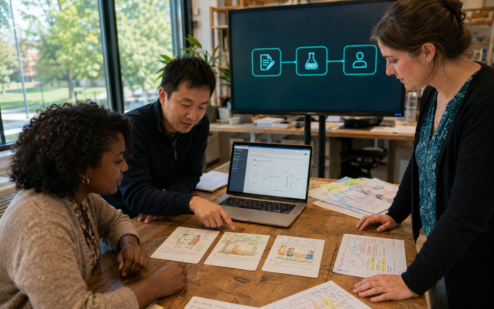 Three education and software colleagues review illustrated lesson cards, an annotated chart and a digital prototype in a bright university design studio