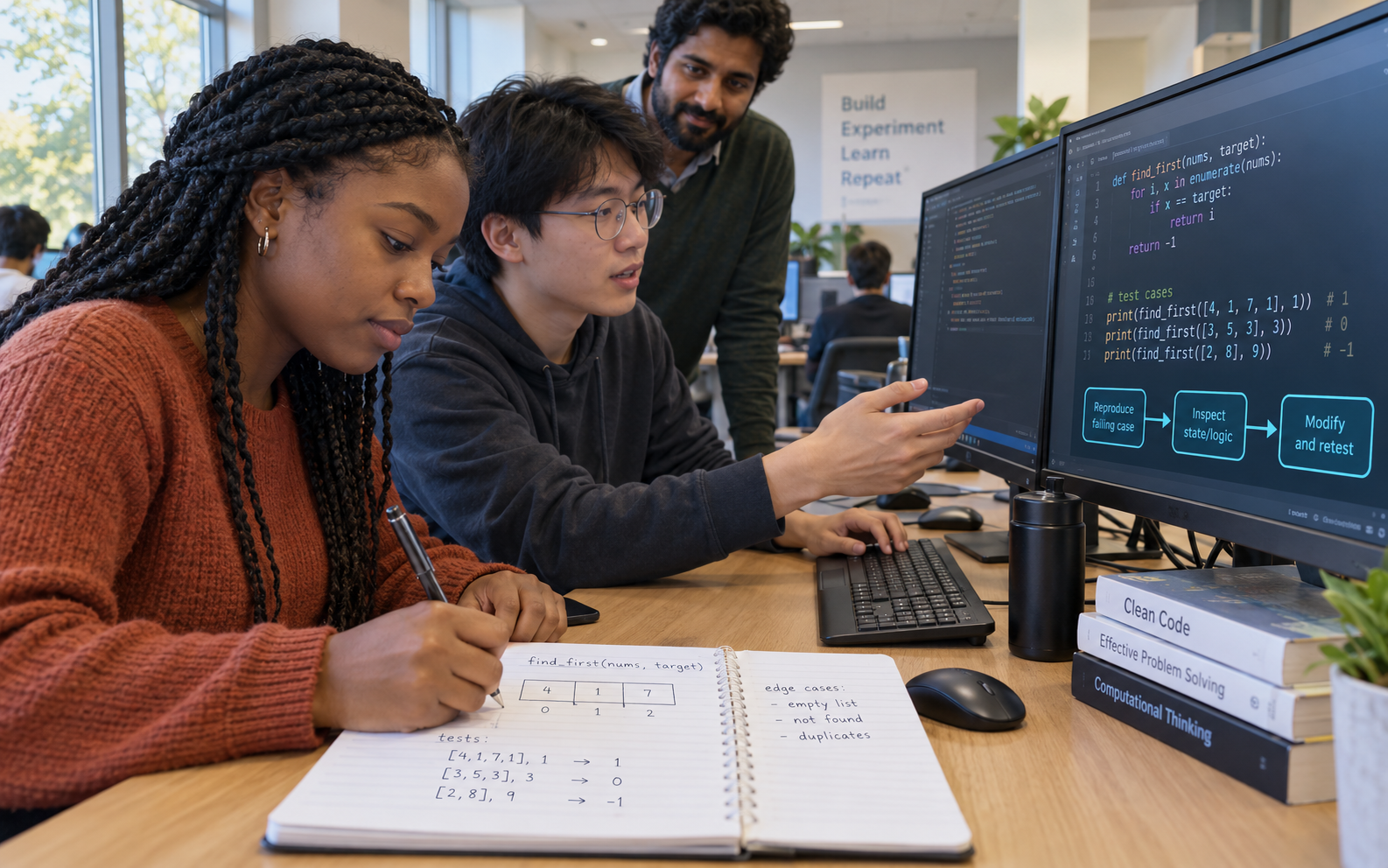 Two programming students trace and test their own code with an instructor in a university computer lab
