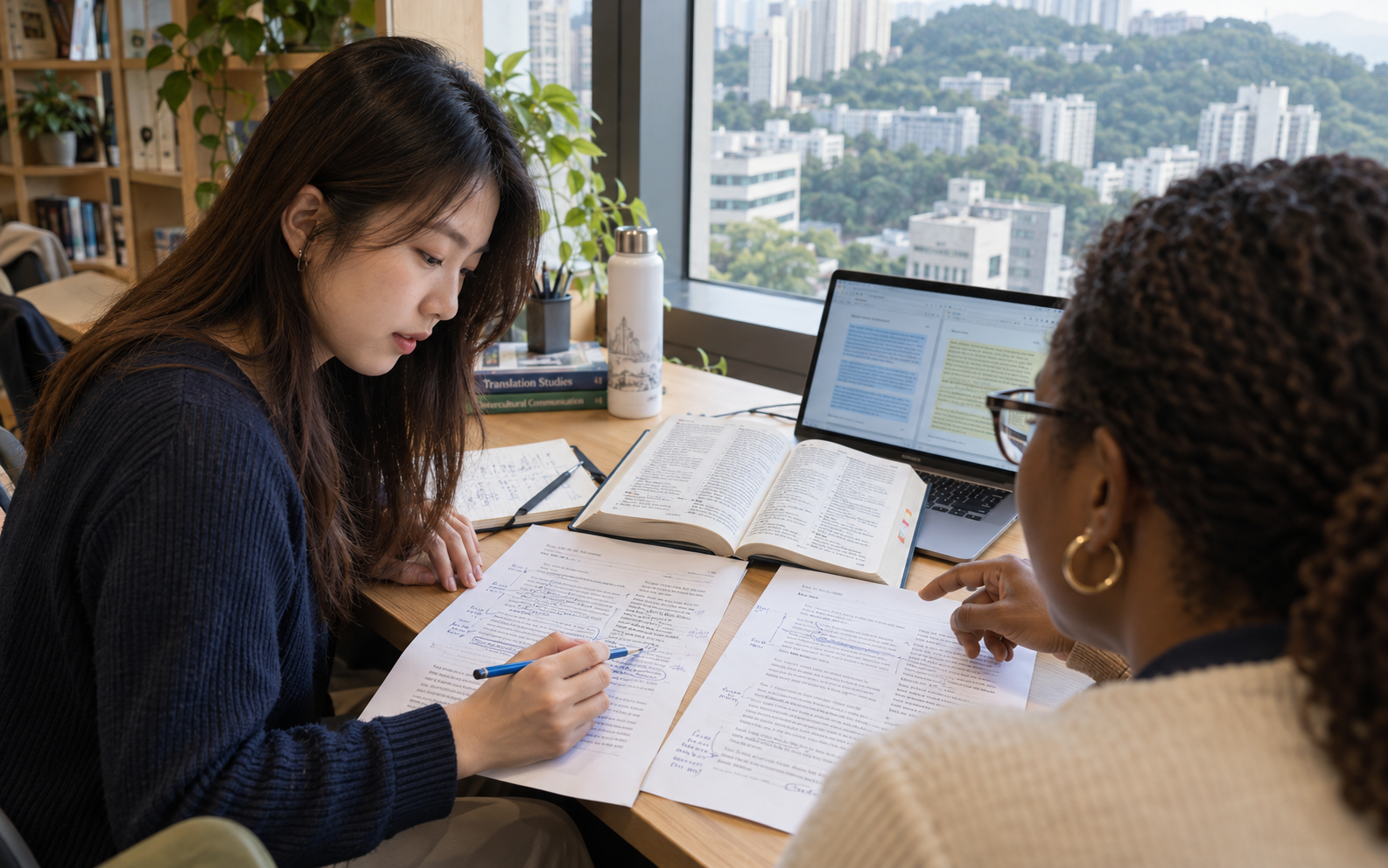 A translation student and a tutor compare two annotated text pages and a bilingual dictionary beside a laptop overlooking a Hong Kong campus