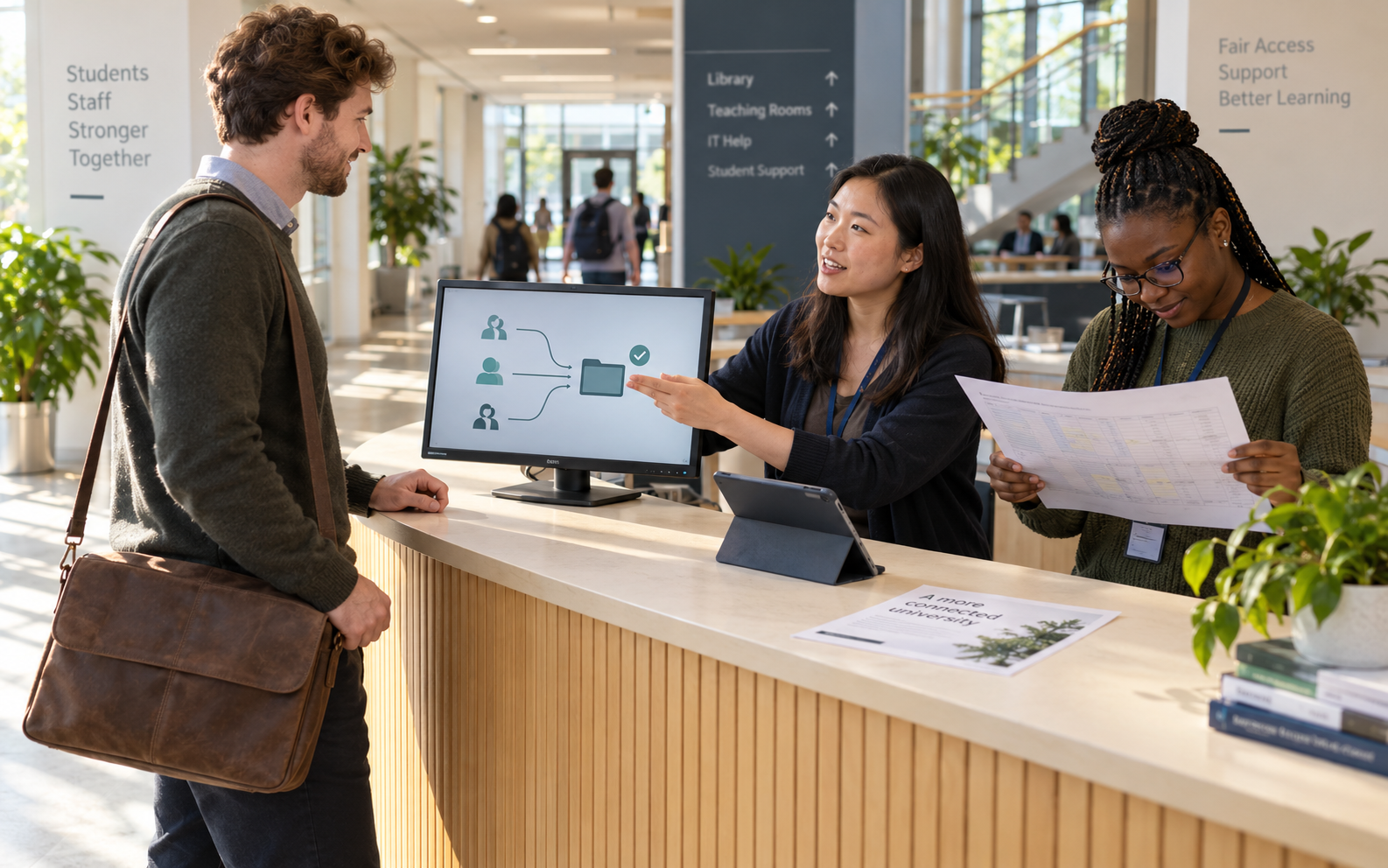 A university administrator explains an account-access diagram to a teaching assistant while a colleague checks course allocations at a service counter