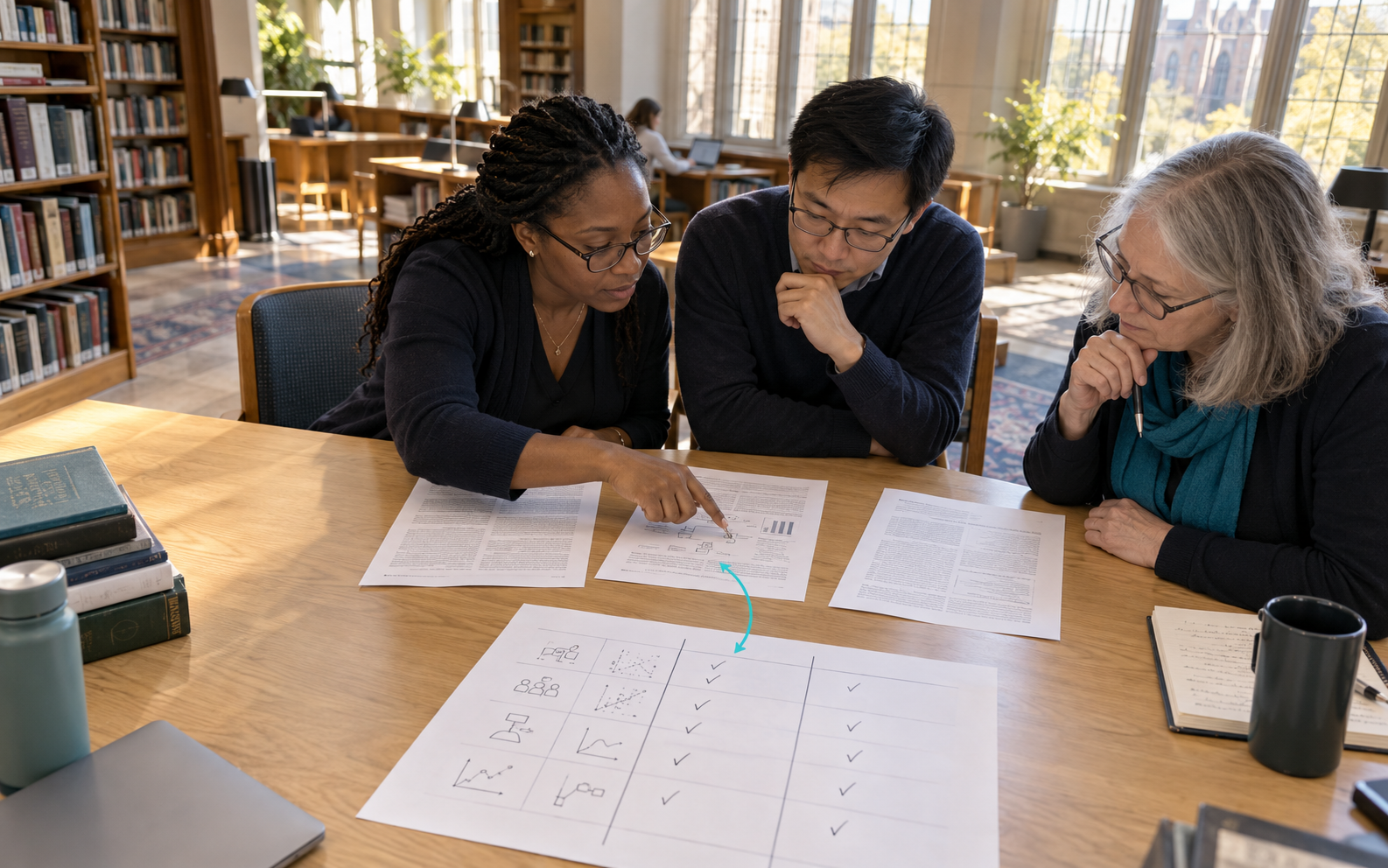 Three researchers compare printed studies and a hand-drawn evidence matrix at a sunlit library table, with a subtle cyan arrow linking the papers.