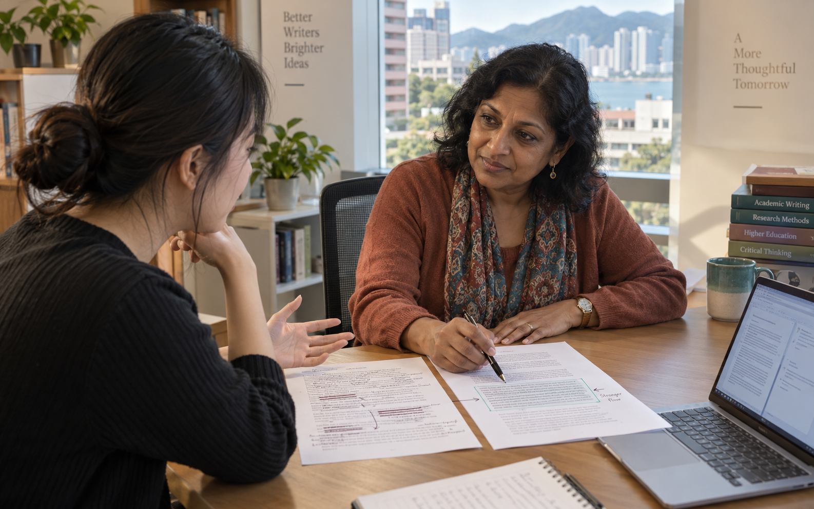 A writing tutor discusses two annotated drafts with a graduate student beside a laptop, with a sunlit Hong Kong waterfront visible through the window.