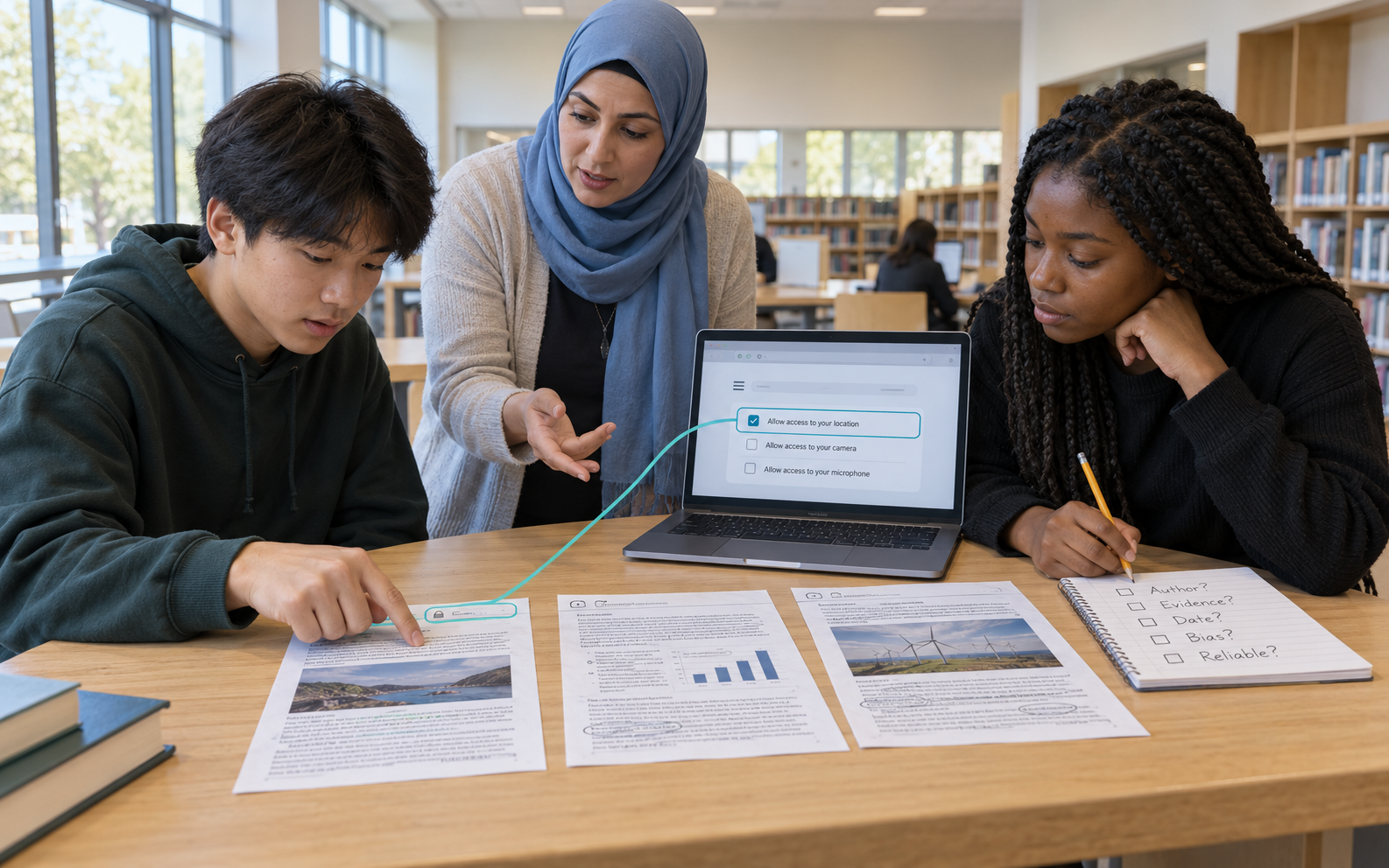 A librarian guides two students as they compare printed webpages, a source-checking notebook, and a laptop displaying browser permission options.