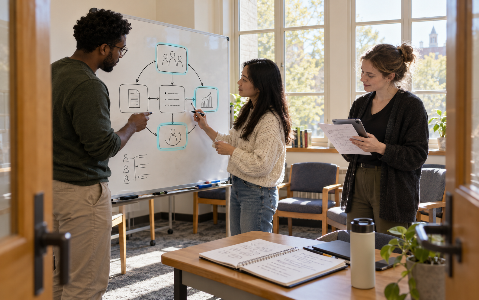 Two preservice teachers revise a five-part whiteboard mind map while a teaching assistant checks an annotated feedback sheet beside them.