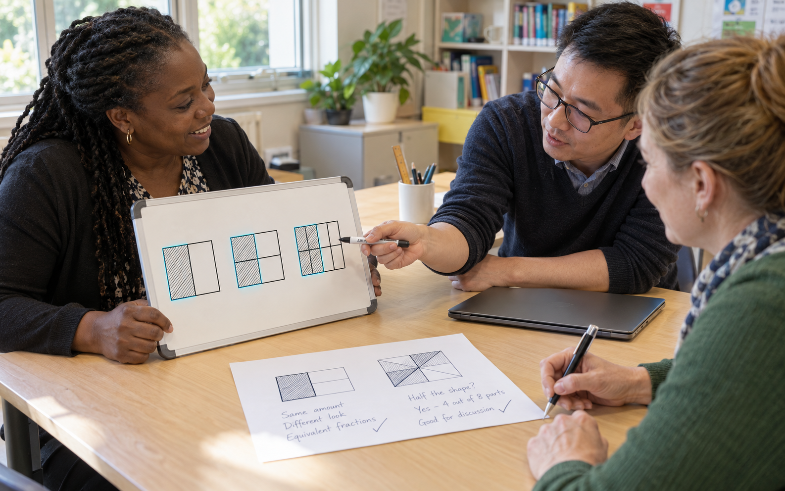 Three teachers review equivalent-fraction area models on a small whiteboard while one annotates a mathematics question sheet.