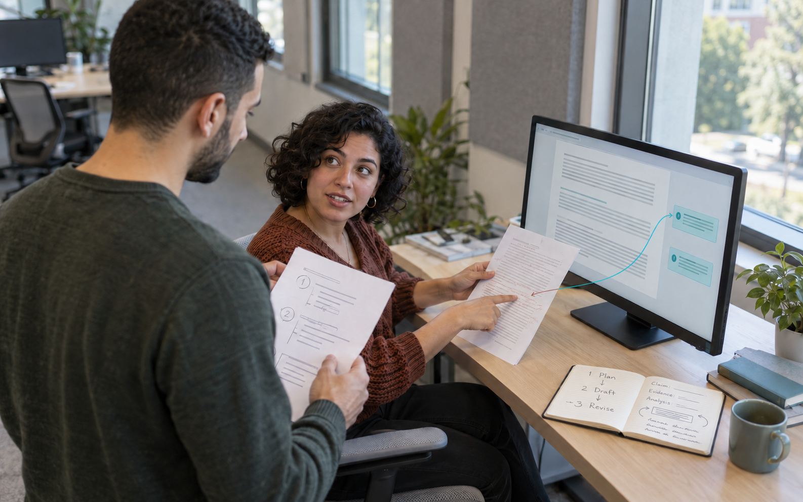 Two graduate learners discuss a marked-up paragraph beside a desktop writing editor and a notebook containing planning and claim-evidence notes.