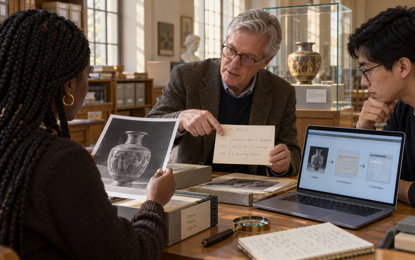 A curator and two students compare a ceramic-vessel photograph, an annotated provenance card, and a laptop catalogue in a university museum archive.