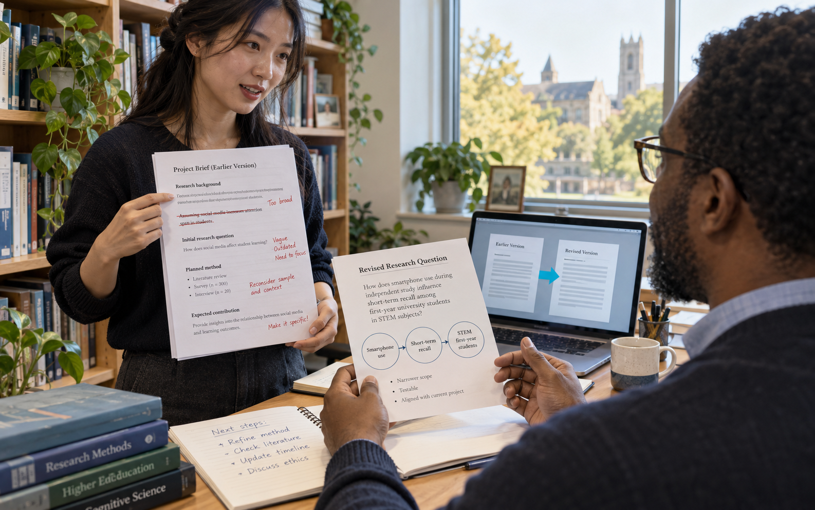 A doctoral student and supervisor compare an annotated earlier project brief with a revised research question, beside a laptop showing the two document versions.