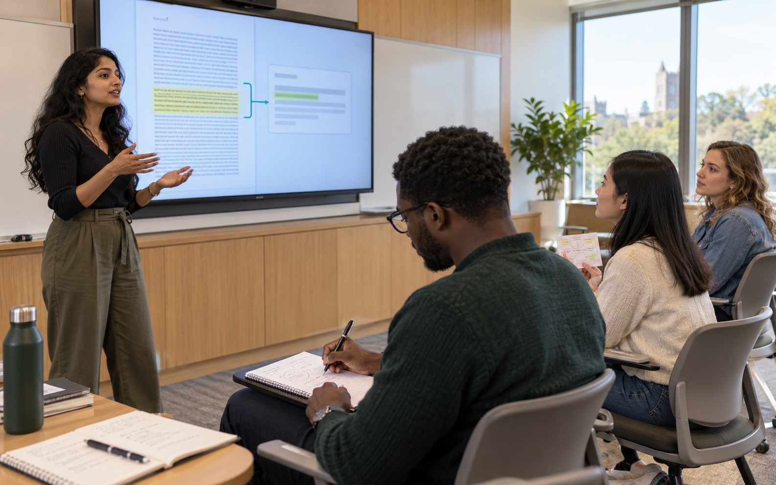 An educator demonstrates a paper-reading tool on a large screen while university students watch, take notes, and hold an annotated expectations card.