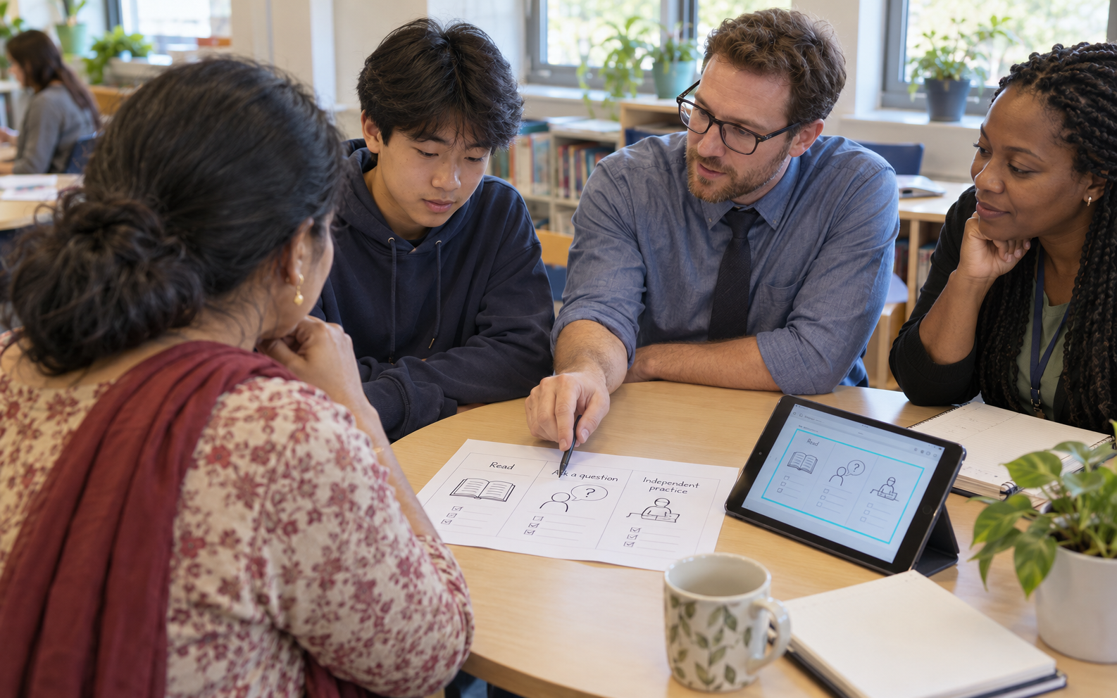 A parent, student, teacher and school coordinator discuss an illustrated learning-activity sheet and a tablet during a school meeting.
