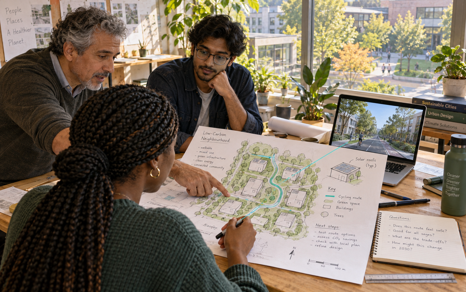 A lecturer and two students compare a hand-drawn low-carbon neighborhood plan with a streetscape on a laptop, discussing a cycling route and solar roofs.