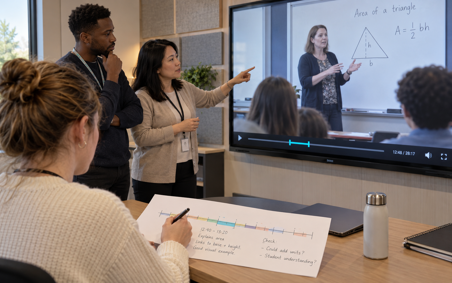 Teacher trainees and a mentor review a paused lesson about triangle area while a trainee marks the corresponding moment on a paper timeline.