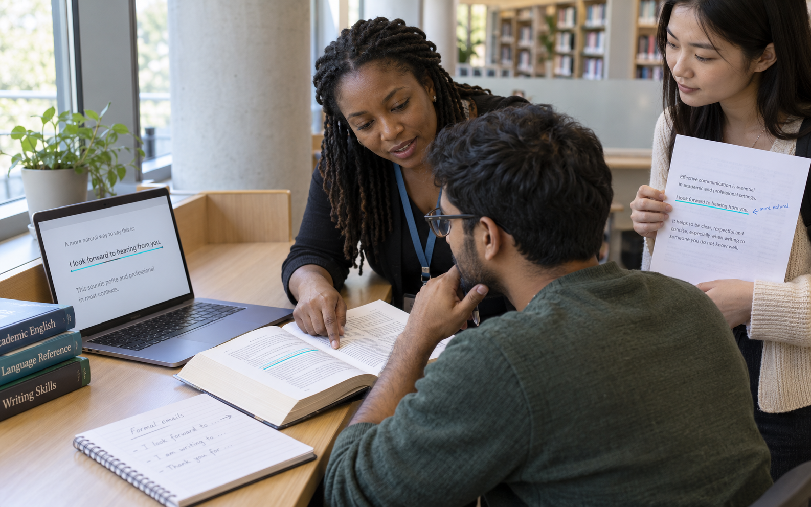 A language tutor and student compare a laptop suggestion with an underlined reference-book passage while another student presents an annotated page.