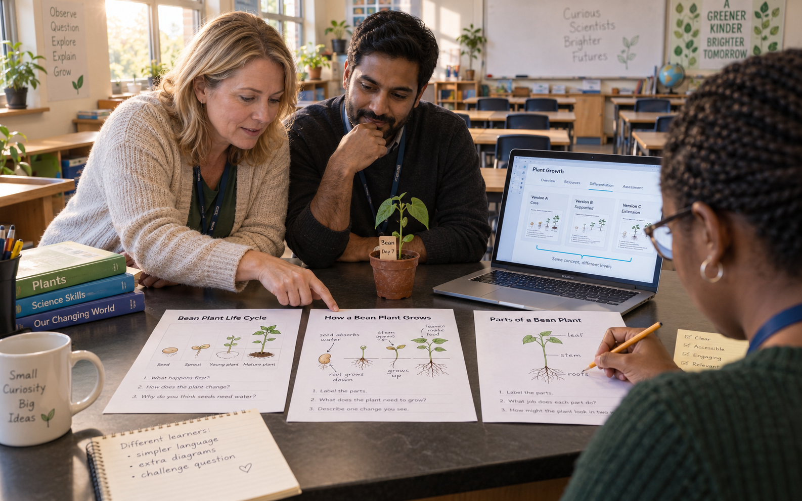 Three educators compare bean-plant worksheets and a laptop lesson page while a teaching assistant annotates a diagram of roots, stem and leaves.