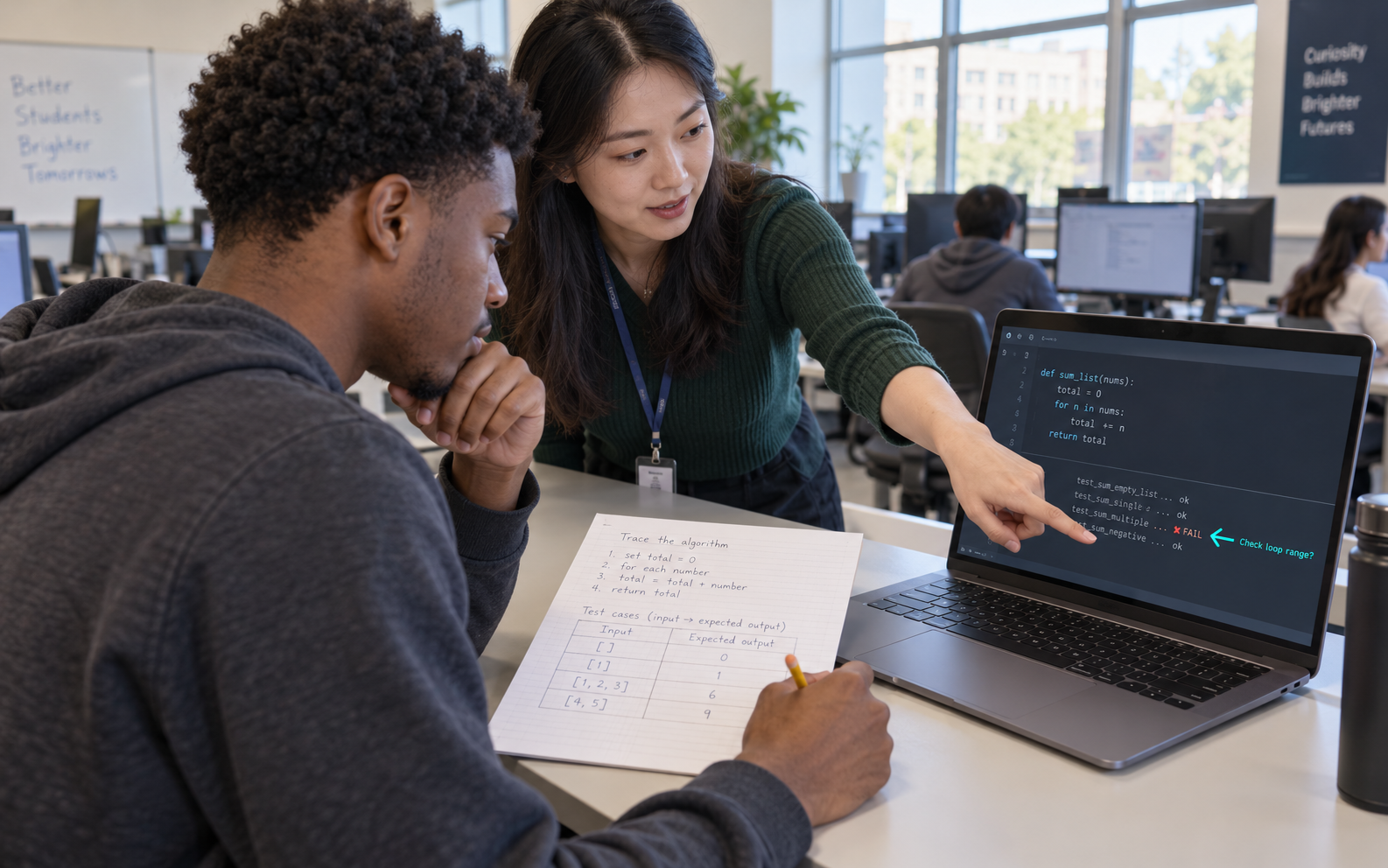 A programming student traces an algorithm and test cases on paper while a tutor points to a test report beside code on a laptop.