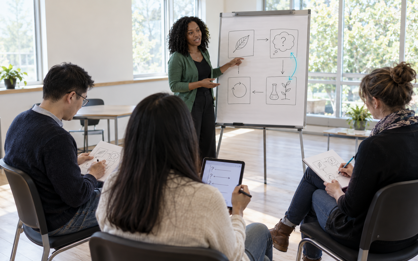 A facilitator leads a teacher-development circle using an inquiry-cycle diagram while participants annotate lesson sketches and a tablet.