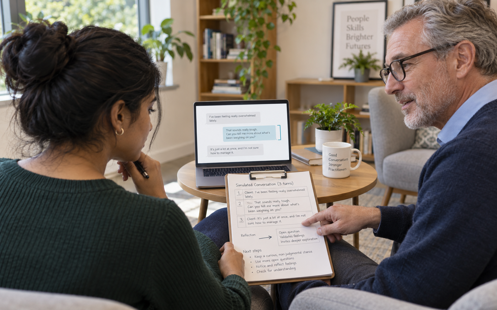 A trainee and supervisor review a simulated text conversation and annotated listening-skills notes in a bright professional-training room.