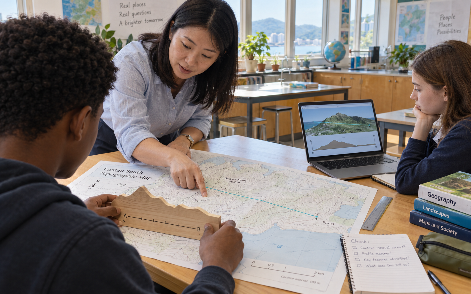 A geography teacher and two students compare a contour map with a wooden terrain cross-section and a landscape profile on a laptop.
