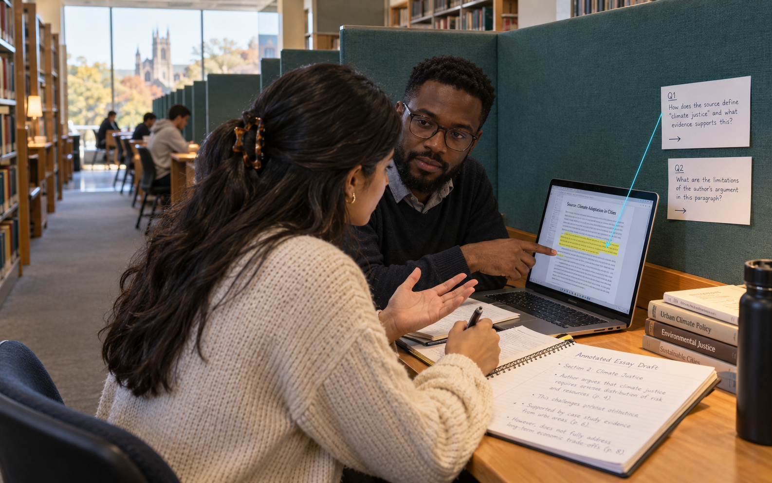 A university student and writing tutor discuss two source-focused question cards, a highlighted laptop passage and annotated essay notes in a library carrel.