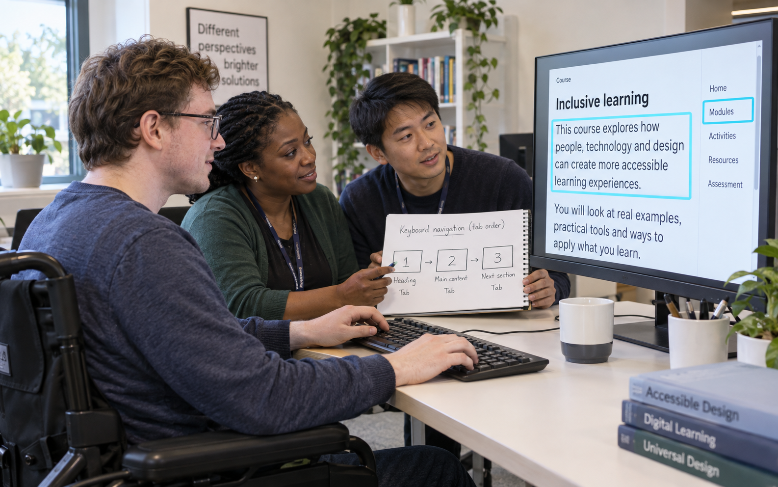 A student using a wheelchair works at a keyboard while two educators compare an enlarged course page with a hand-drawn keyboard-navigation sequence.