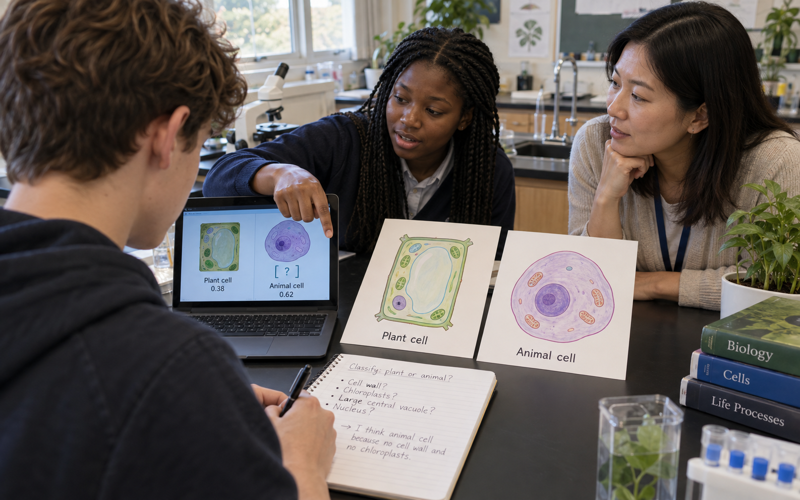 A teacher and two students compare plant and animal cell diagrams with a laptop classification display while one student records reasons in a notebook.