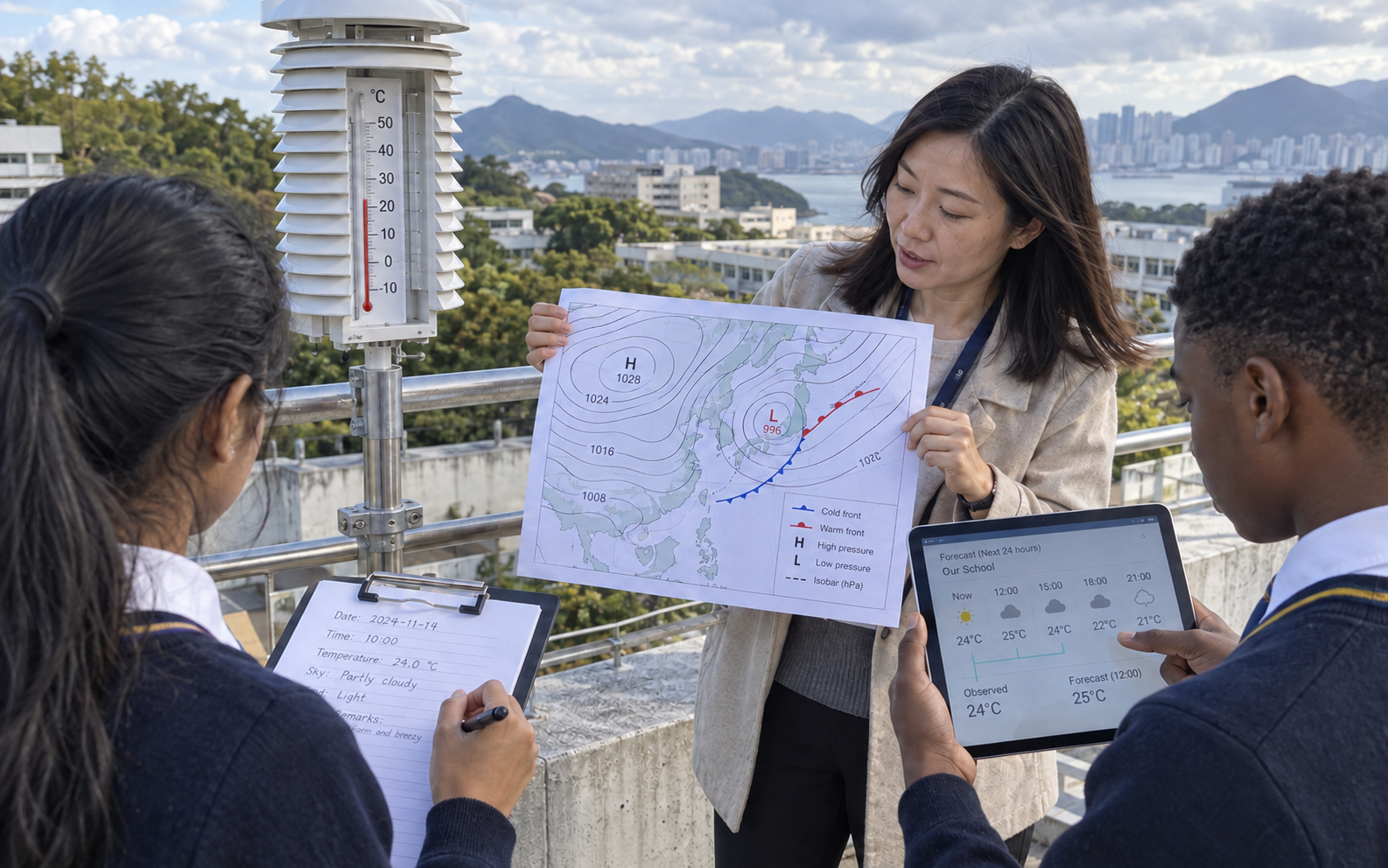 A teacher and two students compare a weather map, a terrace thermometer, and a tablet forecast while a student records observations on a clipboard.