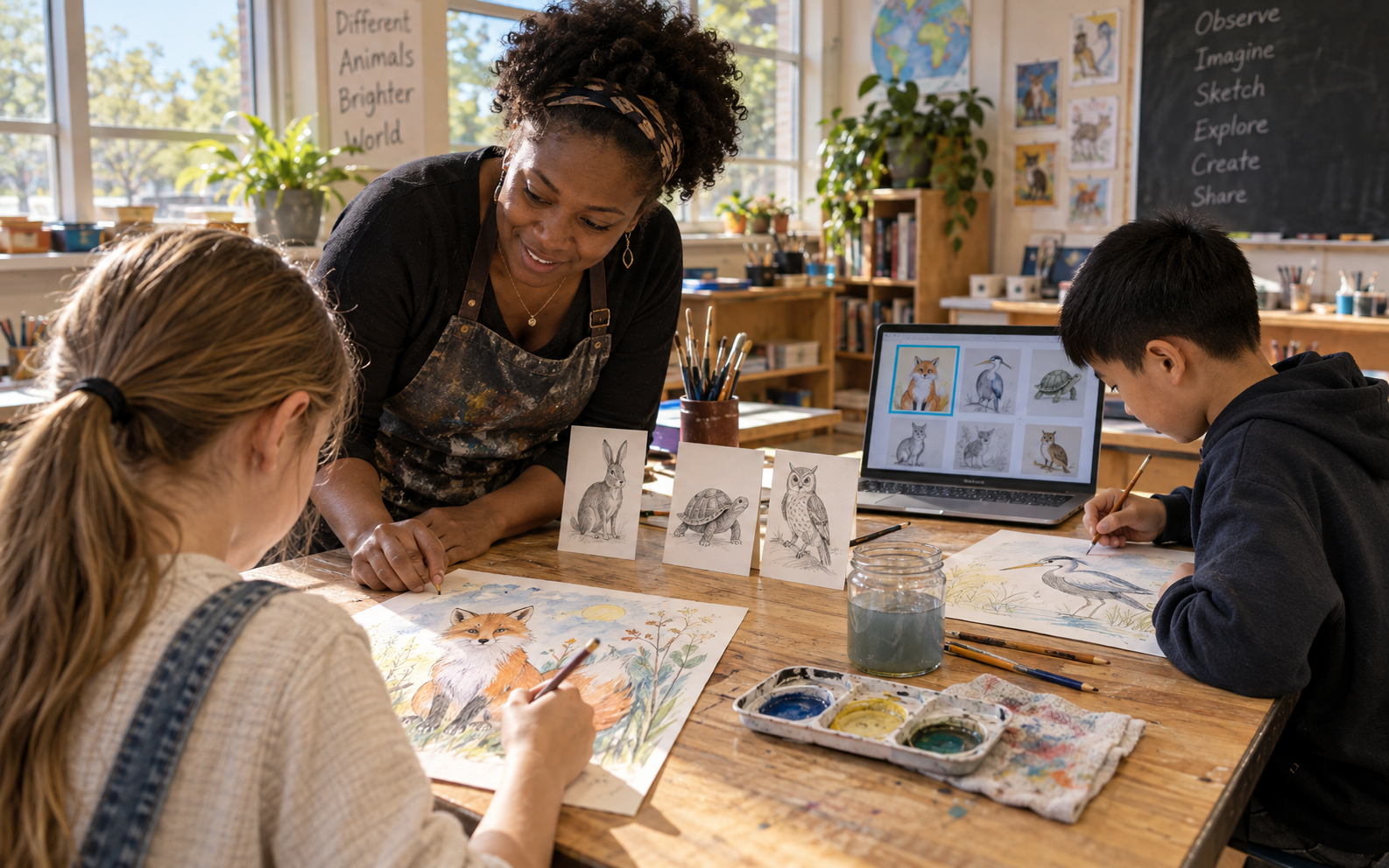 Two children paint their own animal pictures with a teacher's guidance, using a few reference sketches and laptop examples in an art classroom.