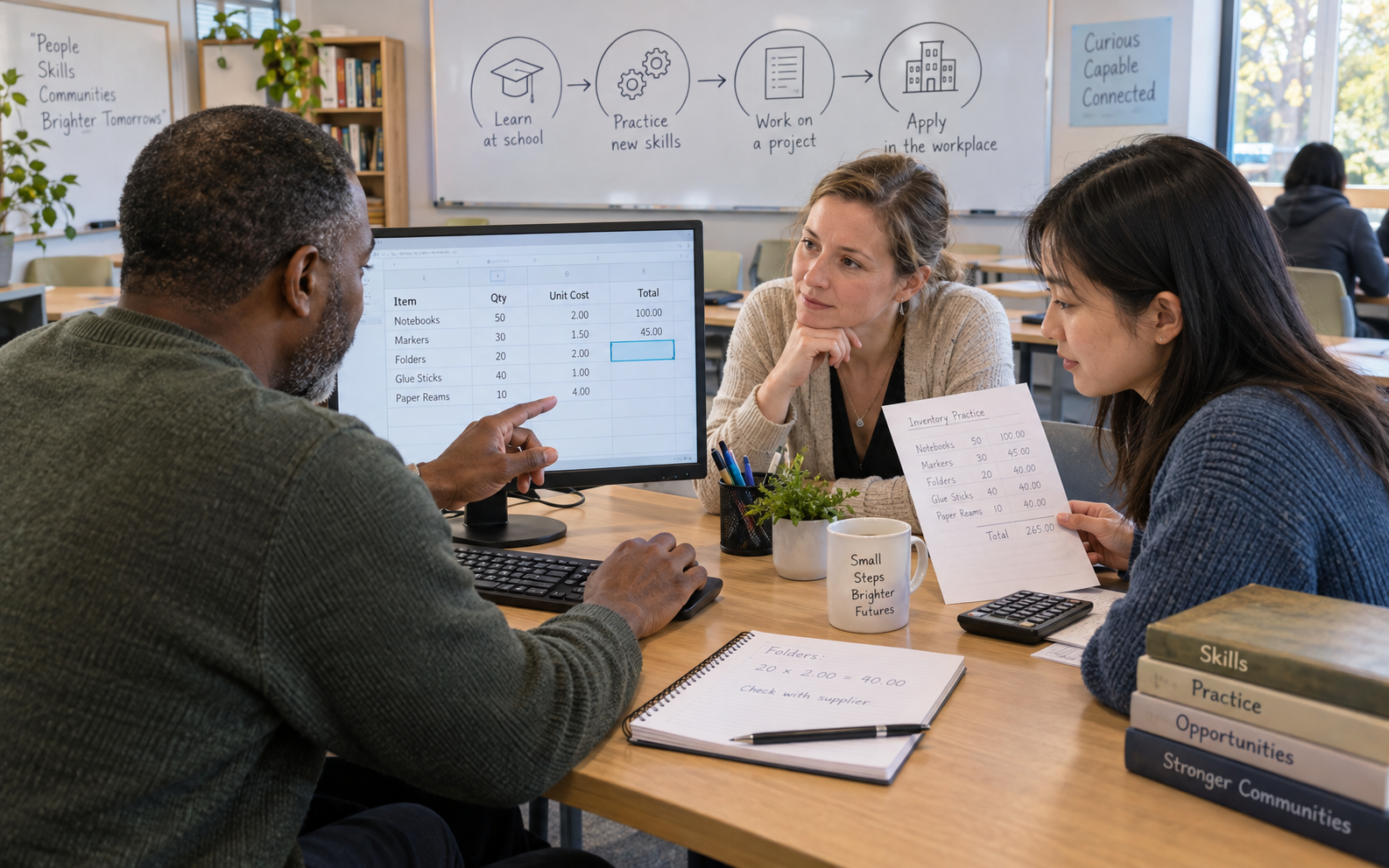 An adult learner discusses an inventory spreadsheet with an instructor and volunteer, beside a diagram linking study, practice, project work and workplace application.