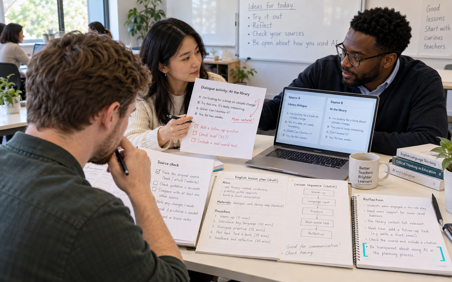 Teacher trainees and a facilitator review an annotated English dialogue activity, source checks, lesson-sequence notes and a laptop comparison.