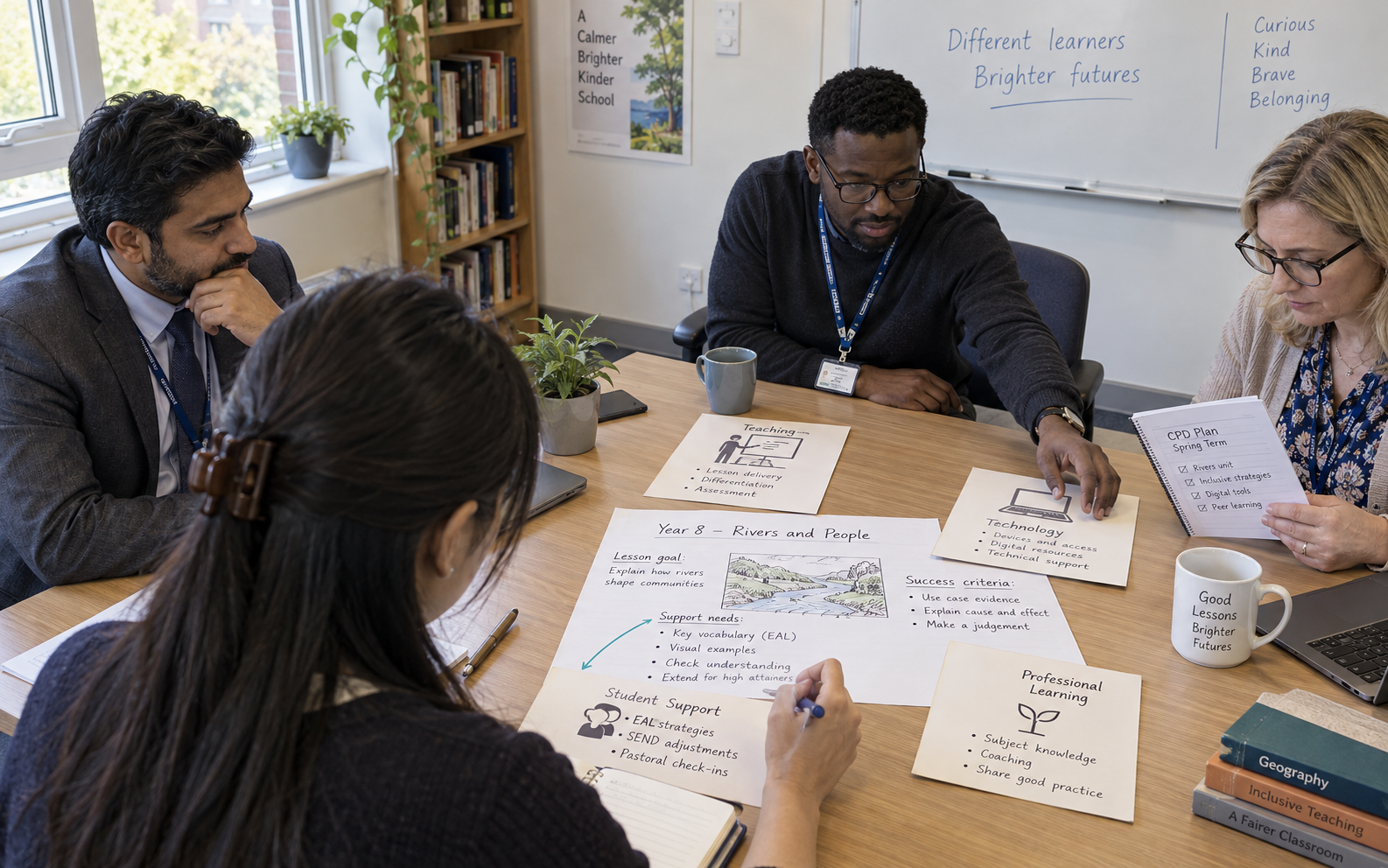 Four school staff members arrange responsibility cards around an annotated lesson scenario while a teacher records support needs.