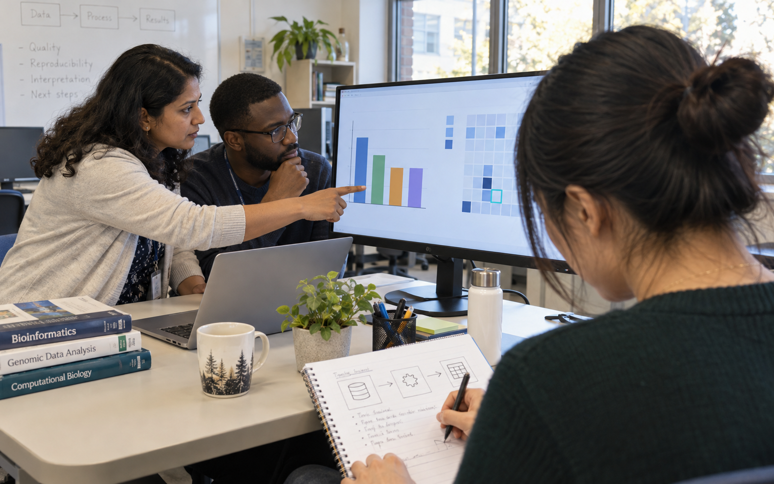 A supervisor and graduate researcher inspect a data-quality chart while a student records a three-step methods sketch in a bioinformatics teaching room.