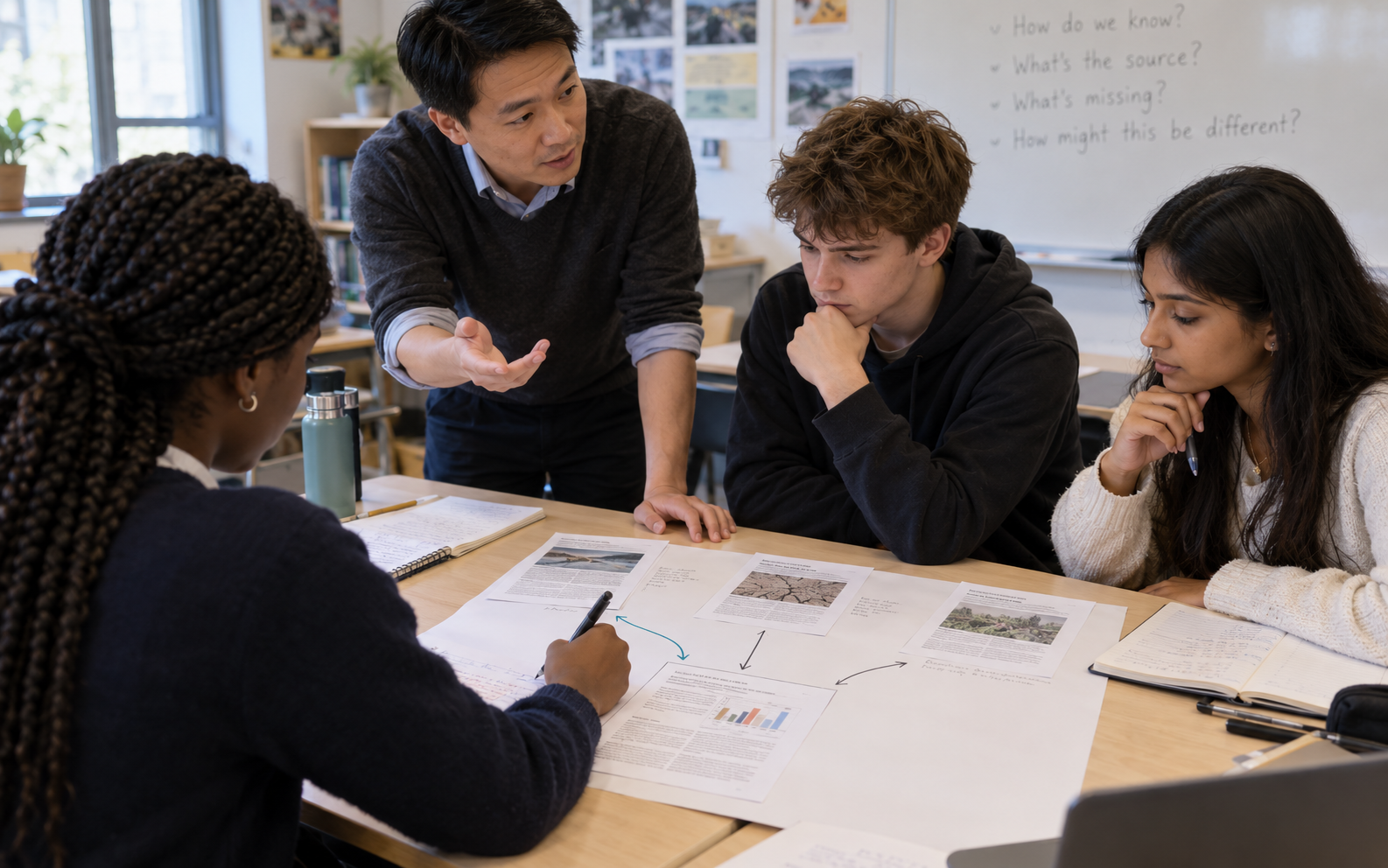 A teacher and three students trace connections between three printed excerpts and an original source document during a media-literacy lesson.