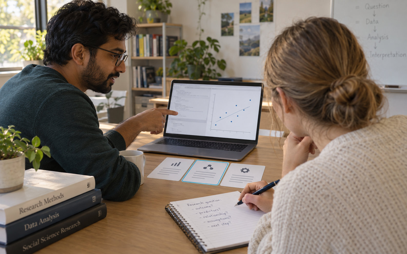 A researcher and graduate student discuss a sparse scatterplot, analysis workflow cards, and handwritten questions about a model choice.