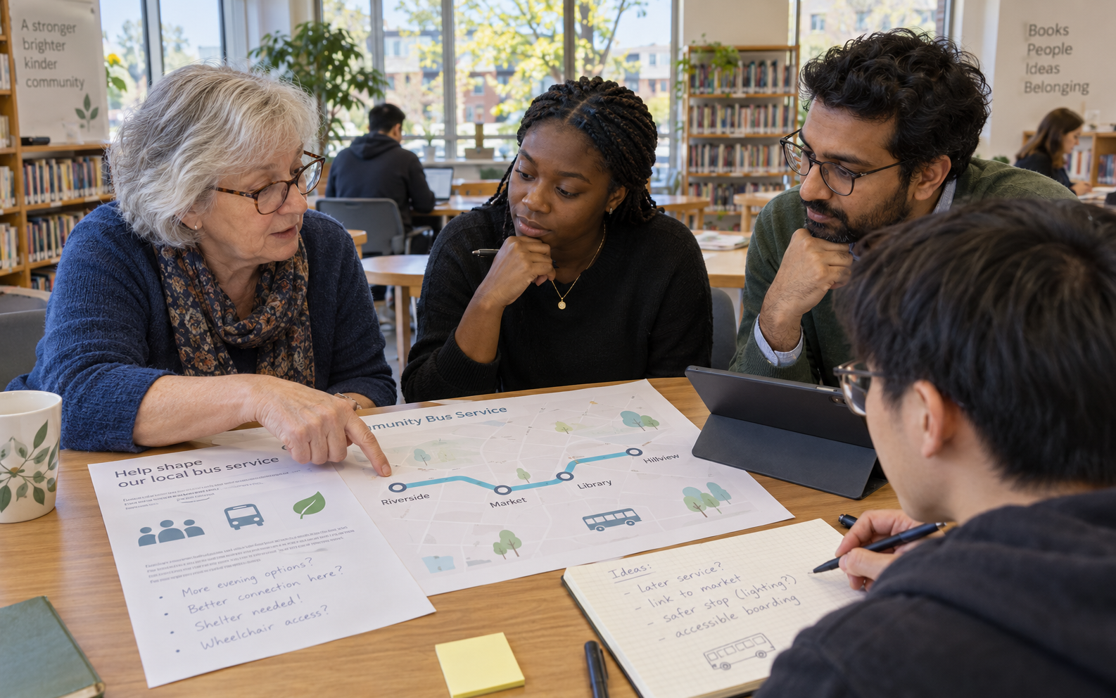An older resident, students and a lecturer discuss a fictional community bus route while a student records suggestions about service and accessibility.
