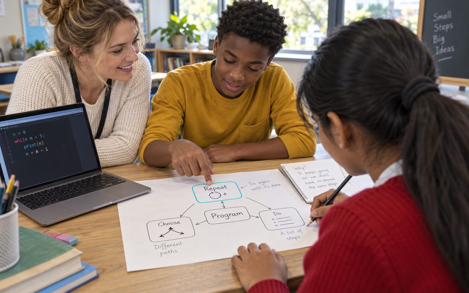 A teacher and two students compare a simple Python loop with a hand-drawn programming concept map while one learner adds explanatory notes.